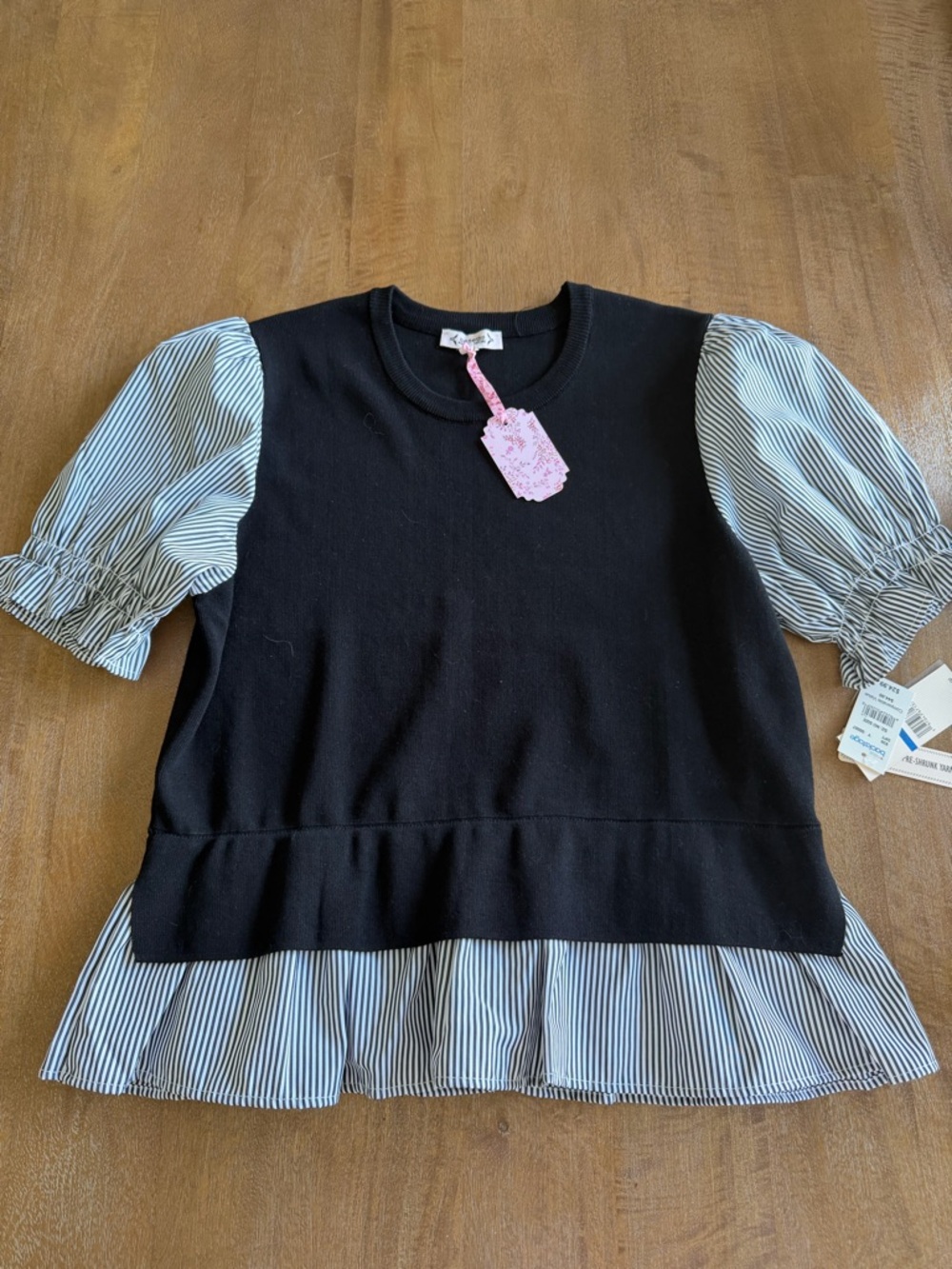 Women' Black Knit Top with Striped Puff Sleeves